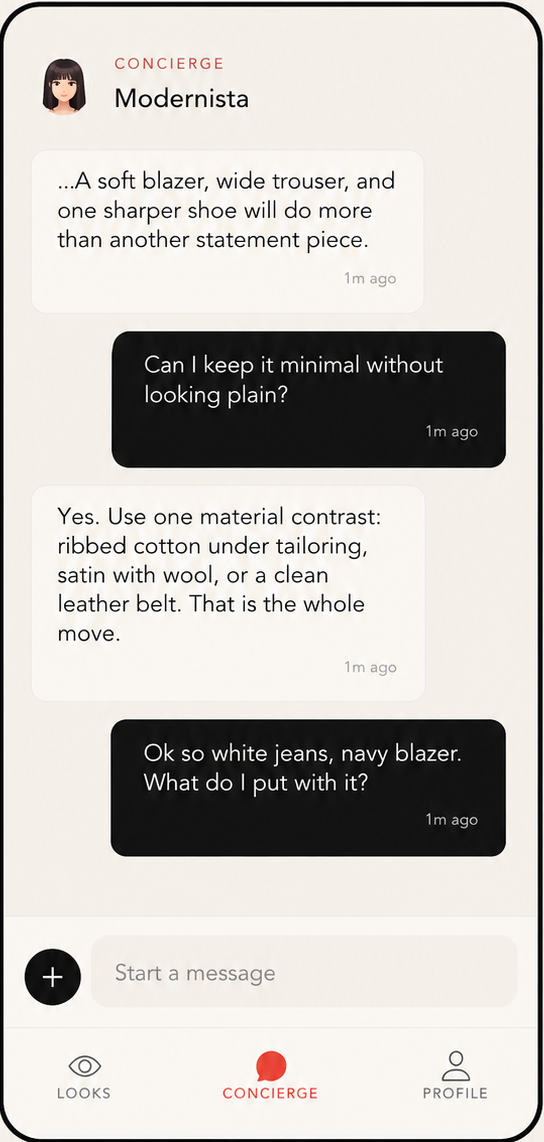 Modernista Concierge conversation with direct styling advice from the founder.