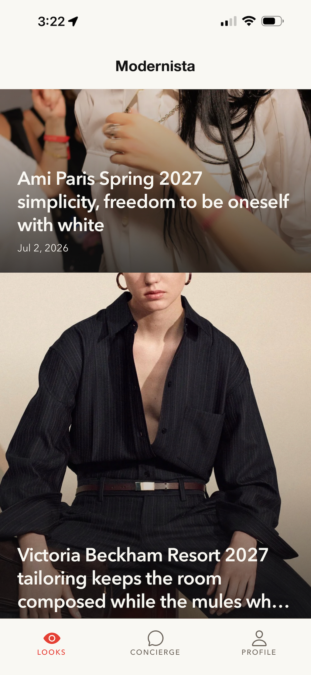 Modernista Looks feed showing the Ami Paris and Victoria Beckham fashion edits.
