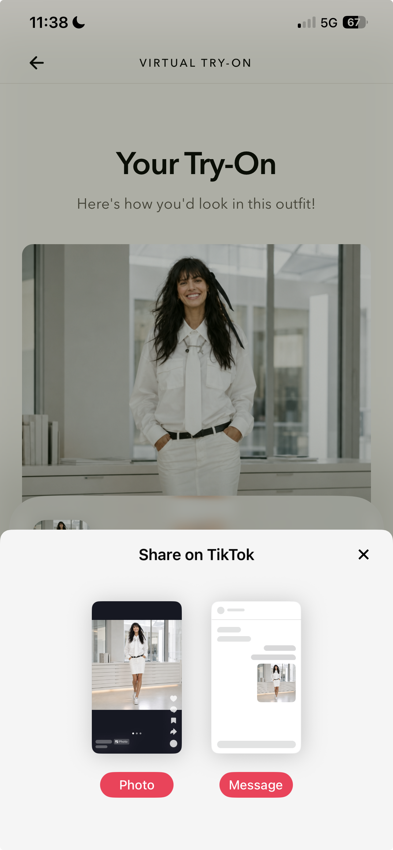 Modernista try-on result being prepared to share to TikTok or Messages.