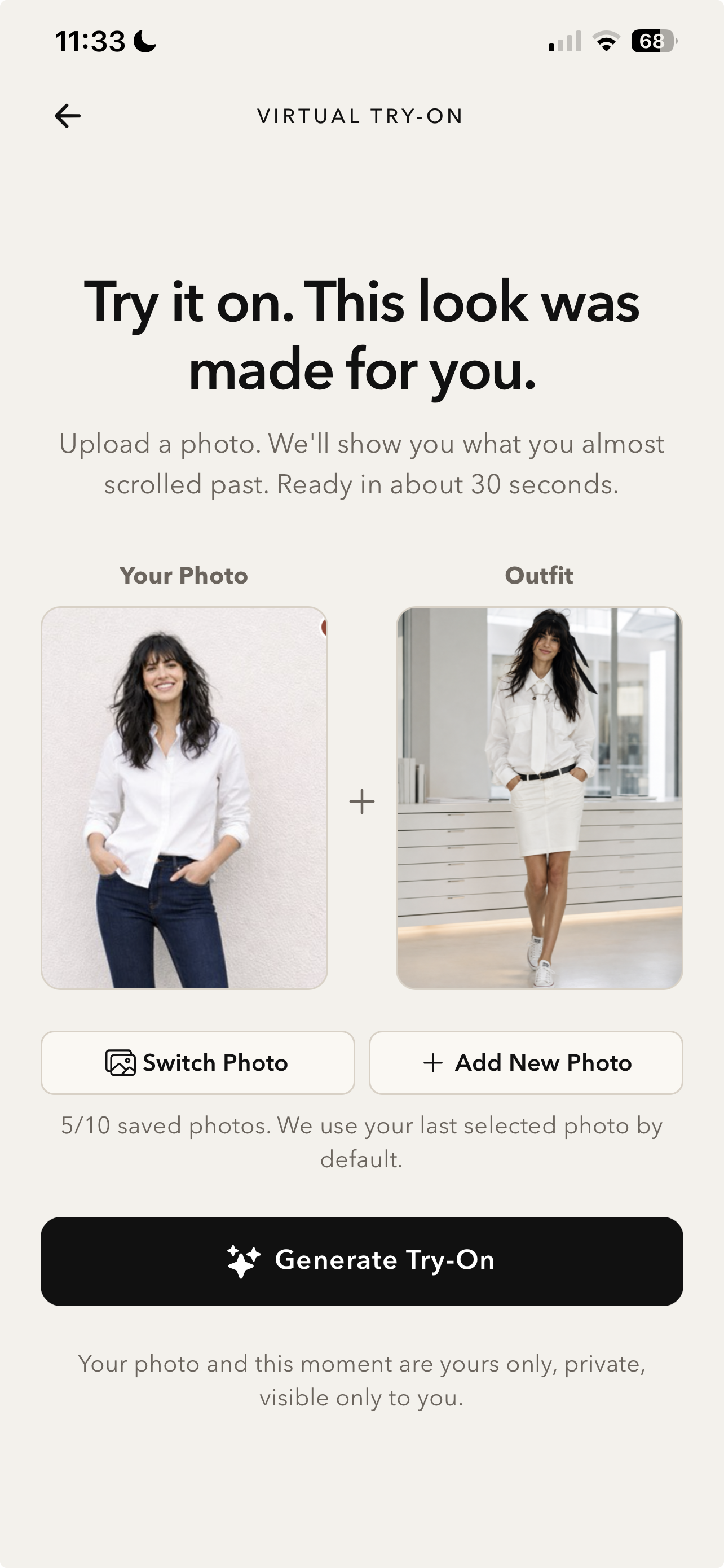 Modernista virtual try-on screen with a personal photo and selected outfit.